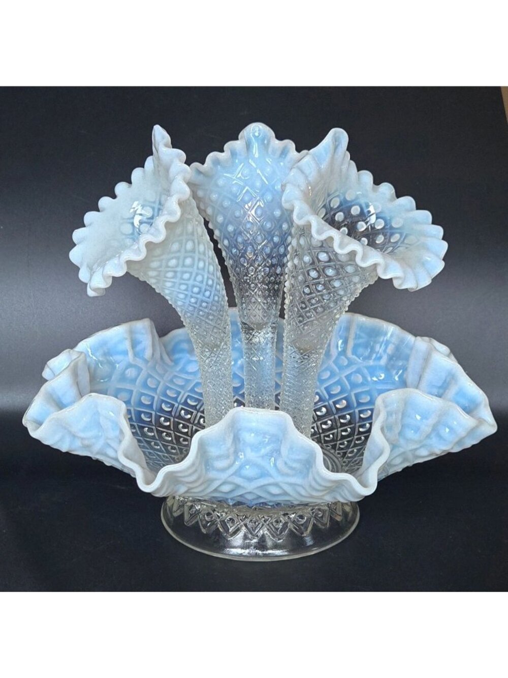 Fenton Epergne Opalescent Diamond Lace Glass w/Ruffled Edge